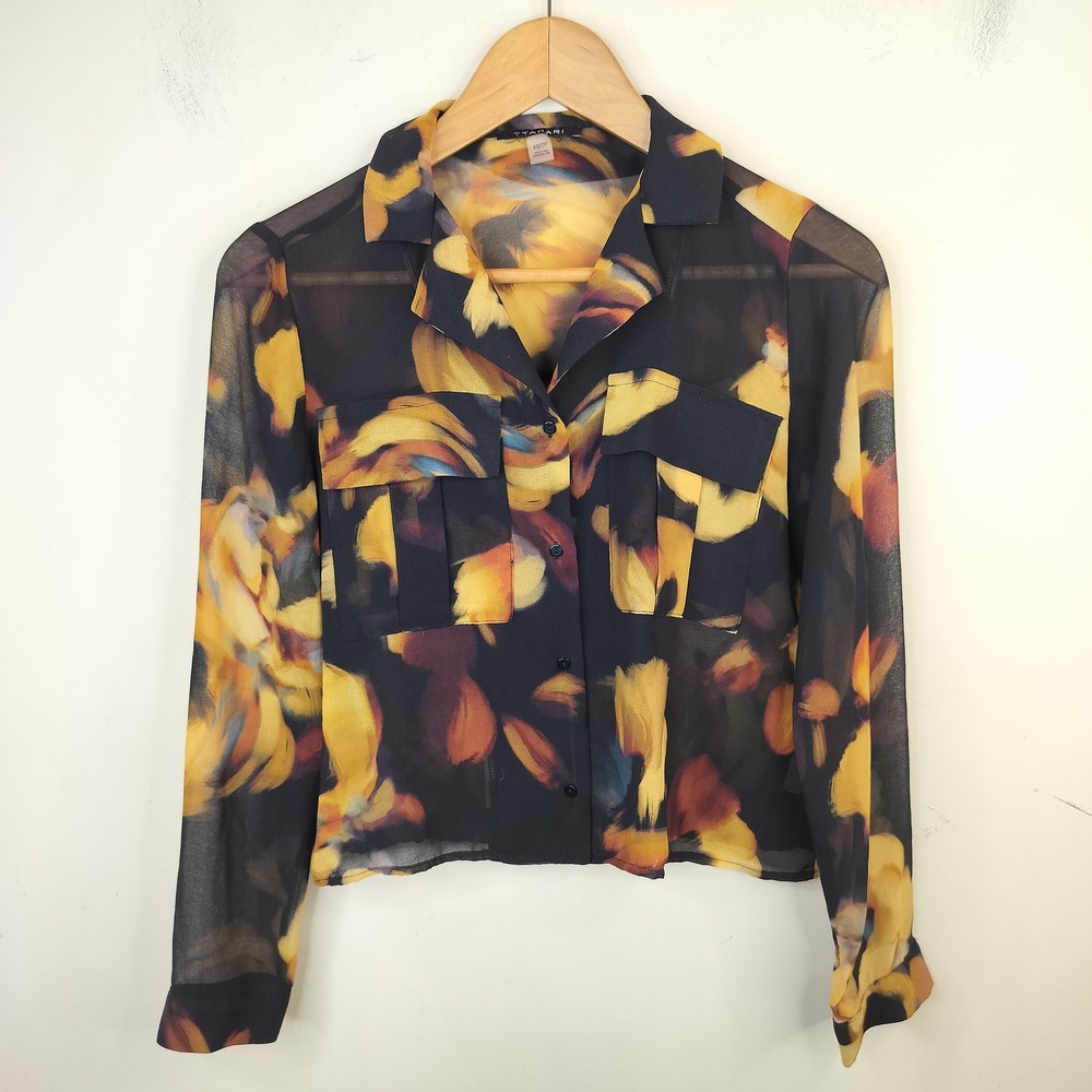 Tahari Floral Chiffon Blouse Button Up XS Sheer Abstract Artistic